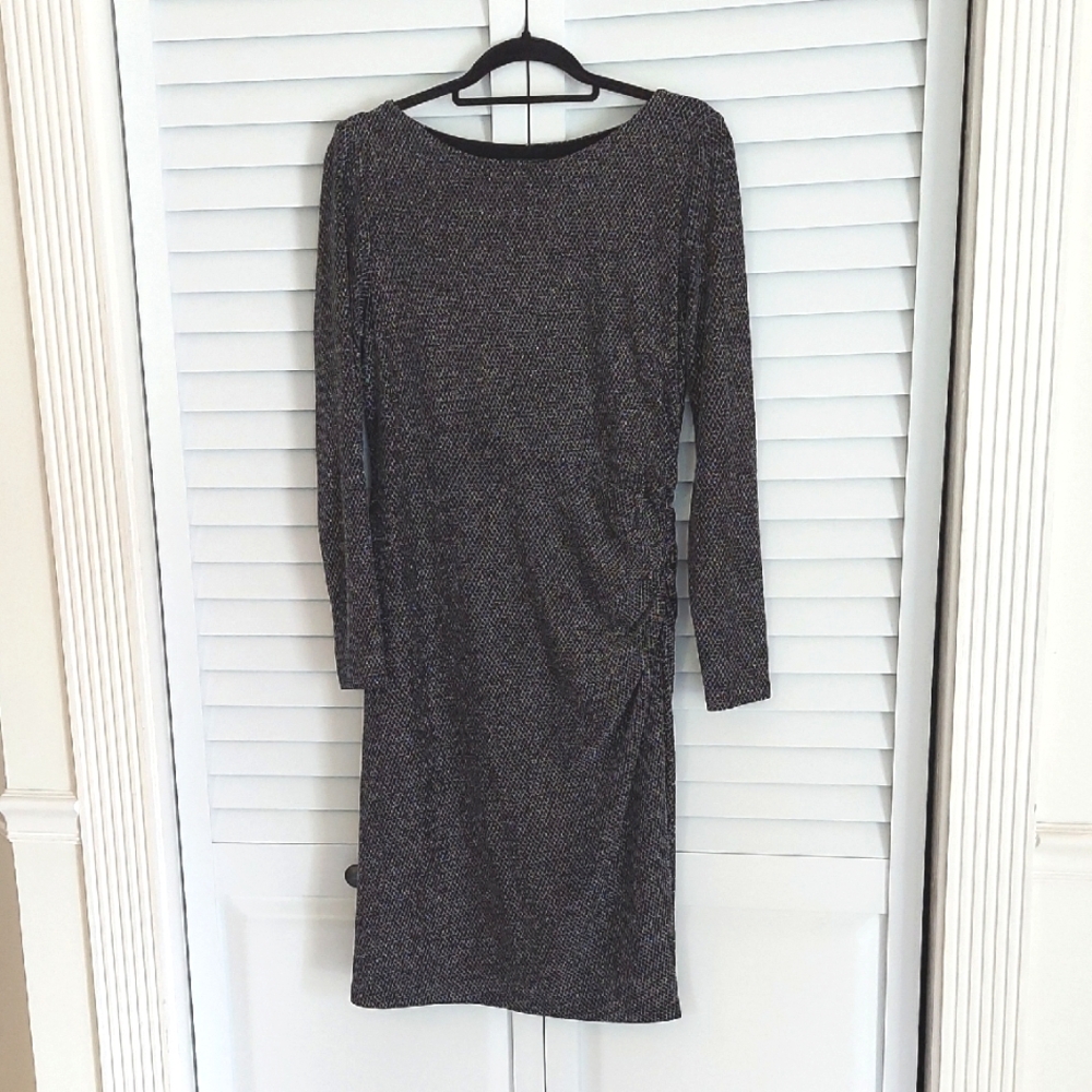 Ralph Lauren Dress, Size 12, Metallic Silver, Black, Lined, Ruching, Long Sleeve